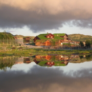 Husene sett fra tjernet, sommer. Foto: Tord Knapstad